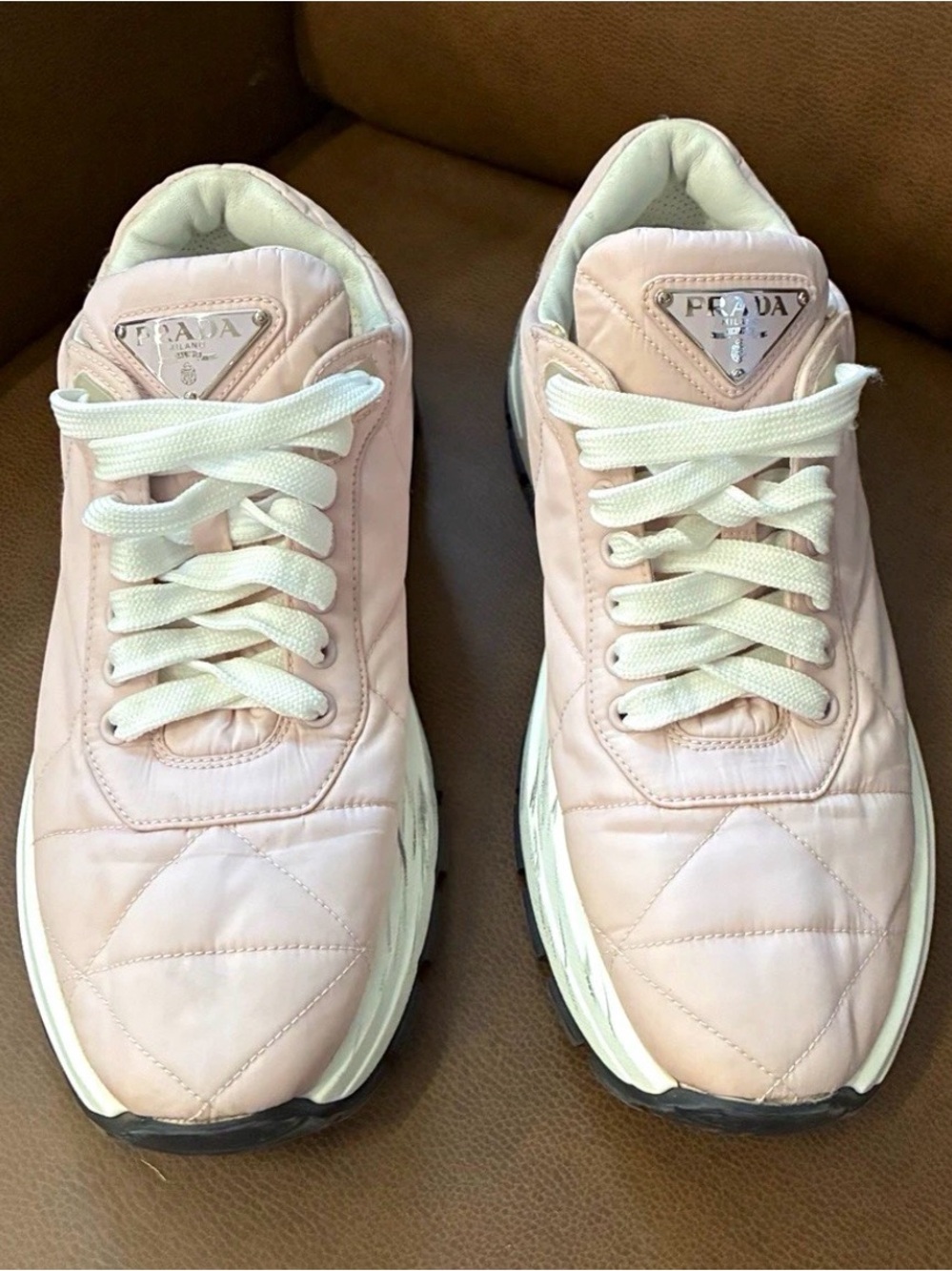 Prada Pale Pink Quilted Lace-Up Sneakers